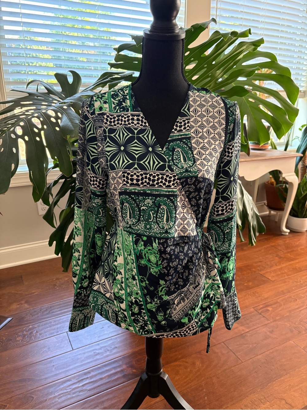 LOFT Navy & Green Patchwork Wrap-Style Blouse